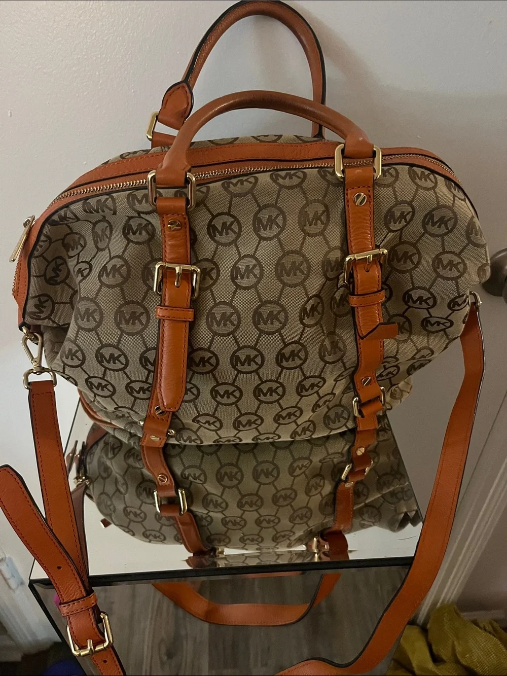 Michael Kors Brown/Tan Monogram Canvas Satchel with Leather Trim